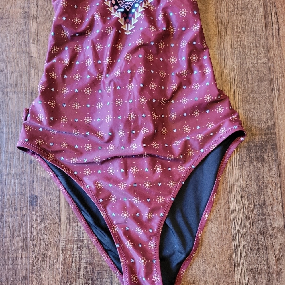 Cupshe Never Separate Burgundy Tribal Print Lace Up Back One-Piece Swimsuit - Picture 3 of 11